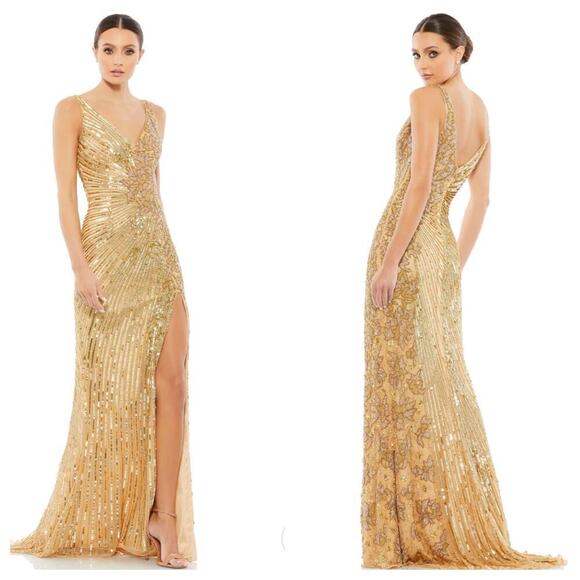 Mac Duggal 5473 High Slit Embellished Sequins Dress Gold Size 12 NWT - Picture 1 of 12